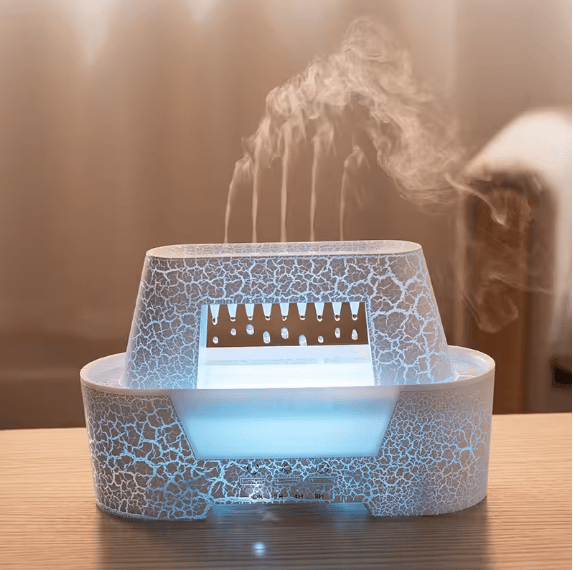 Ultrasonic Raindrop Aroma Humidifier with Warm LED Flame Effect