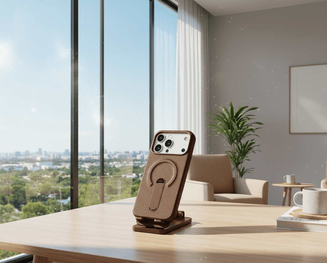 Luxury Leather MagSafe iPhone Case with 360 Degree Ring Kickstand